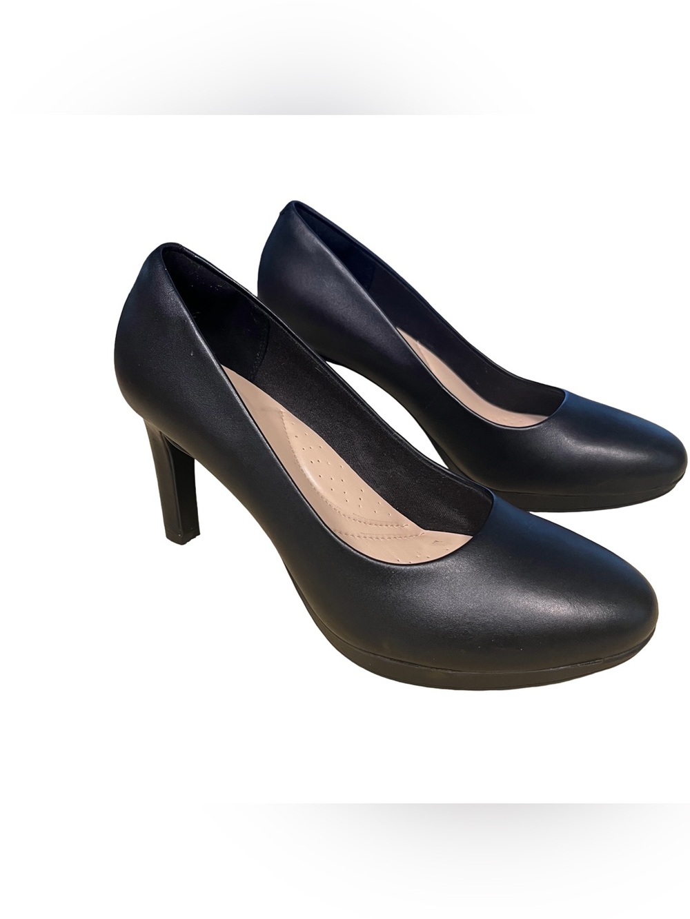 Clarks Collection Ambyr Joy Black Leather Womens Sz 7.5 Round Toe Heel Pumps EUC